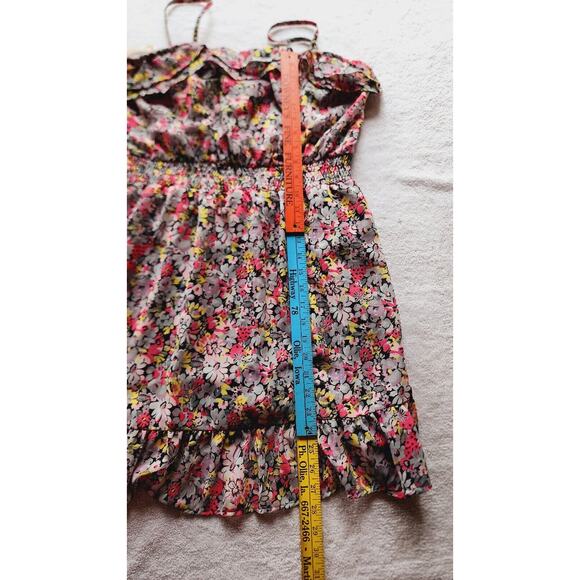 Y2K Pink Floral Chiffon ruffle mini Dress Sz Large Spaghetti Straps Lined chintz - Picture 9 of 12